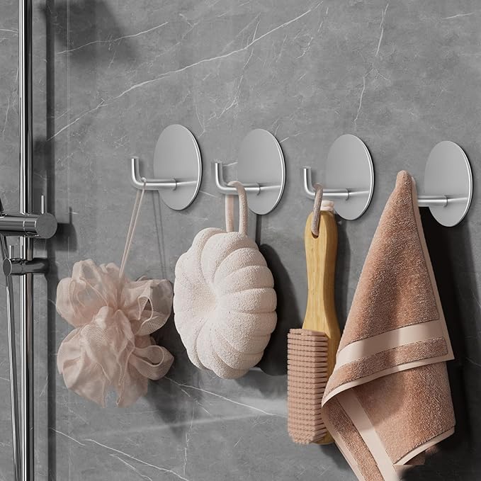 Adhesive Hooks for Bathrooms, 4 Piece Towel Hooks for Hanging Hat Robe Coat, Stick on Hooks for Kitchens, Strong Self-Adhesive No Damage Waterproof Stainless Steel Sticky Hook (Silvery)