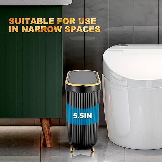 Bathroom Trash Can with Lid 3.1 Gallon Narrow Trash Can Small Plastic Trash Bin 12 Liter Rectangular Plastic Garbage Can with Press Type Lid for Bedroom Bathroom