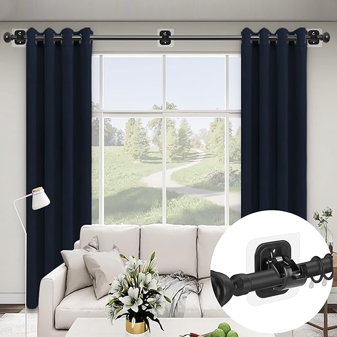 14PCS No Drill Curtain Rod Brackets No Drilling Self Adhesive Curtain Rod Holder Hooks Nail Free Adjustable Curtain Rod Hooks Curtain Hangers for Bathroom Kitchen Home Bathroom and Hotel (14PCS Black)