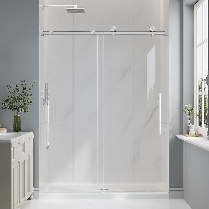 Frameless Glass Shower Door, 49-54" W x 76" H Sliding Frameless Shower Door, 1/4''(6mm) SGCC Tempered Glass, Explosion-Proof Film Nano Coating, Stainless Steel Hardware, Brushed Nickel