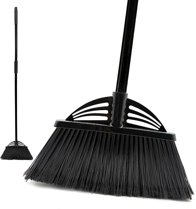 Four-Section Rod Long-Handled Broom,Heavy-Duty Broom, Angle Broom for Outdoor/Indoor（Black）