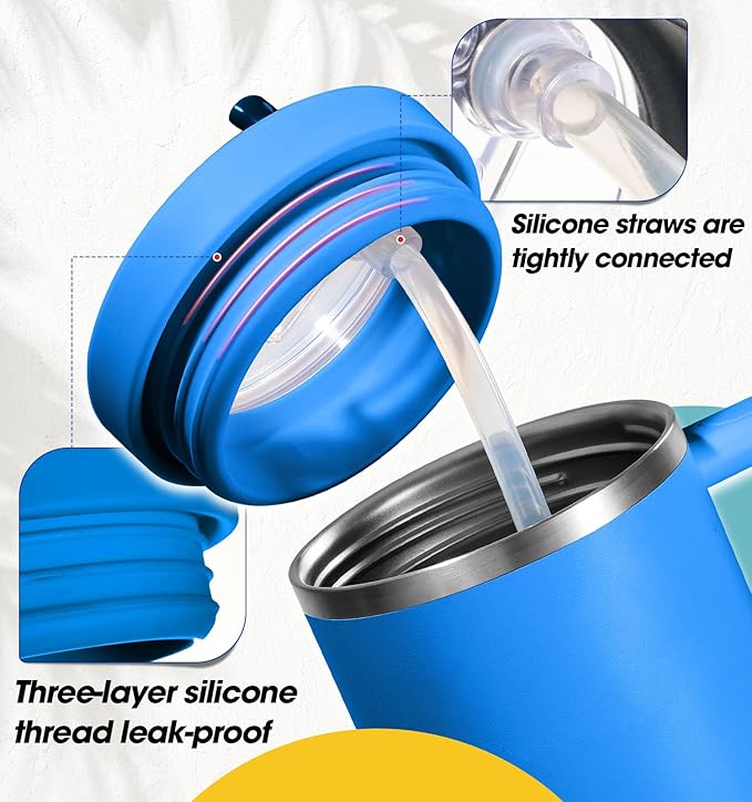 30oz Flip Straw Leak Proof Lid for Stanley Quencher,30 oz Tumbler Lid Replacement for Stanley Cup Accessories,No Spill Silicone Tumbler Lids with Cleaning Brush Set (Azure)