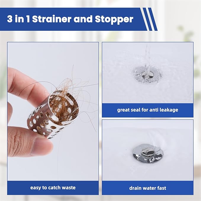 Universal Bathroom Sink Drain Strainer Hair Catcher 4PCS Upgraded with Removable Stainless Steel Filter Basket, 3 in 1 Pop Up Sink Stopper for 1.1''~2.36'' Sink Basin Hole, Chrome