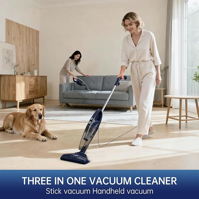 Corded Stick Vacuum for Pet Hair & Hard Floors - Lightweight, 3-in-1 Handheld with 180°Left-Right Steering, 14KPA Powerful Suction on Low-Pile Carpet, HEPA Filter, 16.4ft Cord, 0.7L Capacity (VA001)