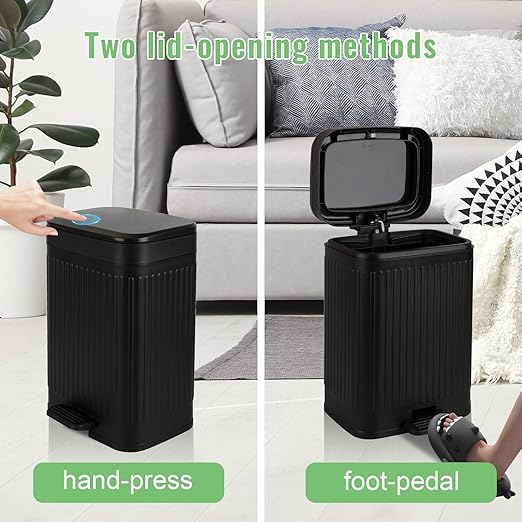 rejomiik Small Bathroom Trash Can with Lid 2.1 Gallon Soft Close Step Slim Garbage Can Waste Bin for Office, Bedroom, Kitchen, Black
