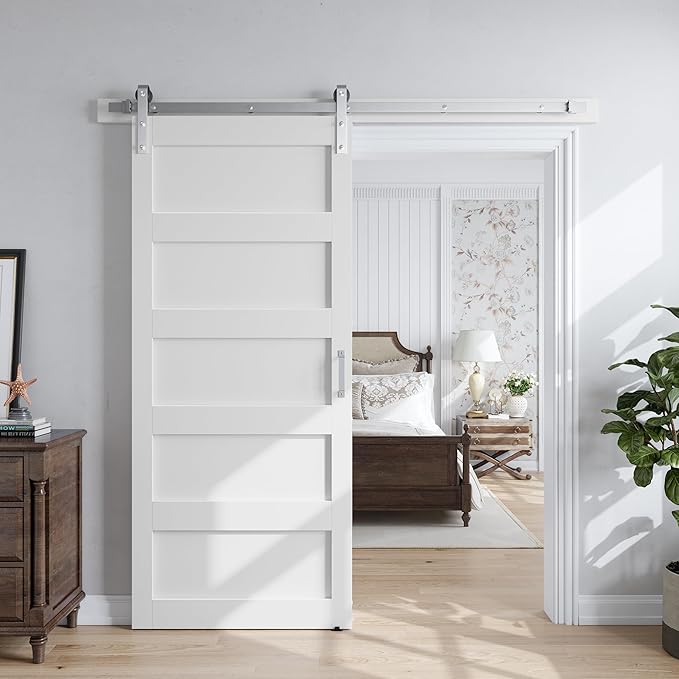 SmartStandard 36x96 inch White Barn Door with 6.6FT Brushed Nickel Sliding Door Hardware Track Kit Included, Solid MDF Slab, Waterproof PVC Surface, 5-Panel, Suitable for Openings up to 34in x 94in
