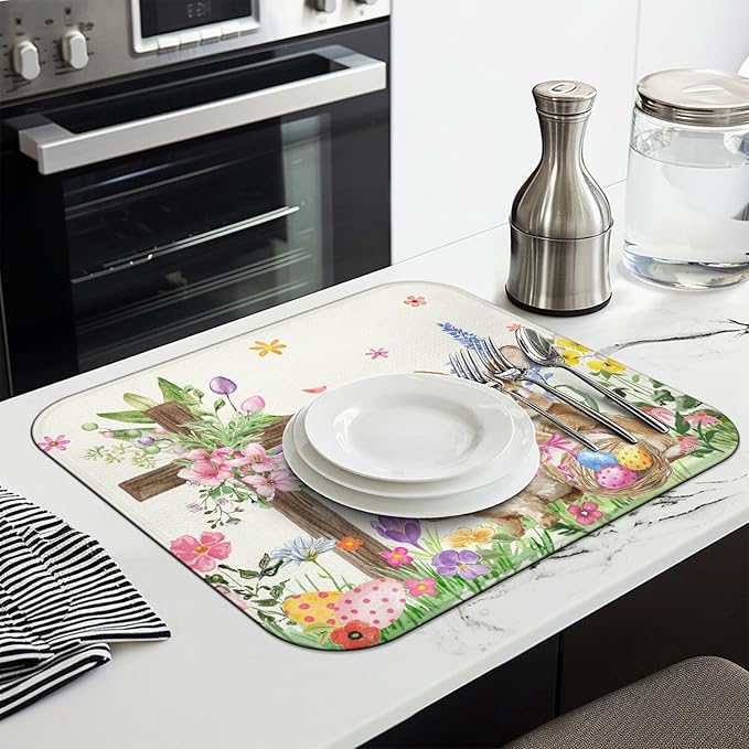 Easter Dish Drying Mat for Kitchen Counter,Cute Bunny Spring Florals Microfiber Drying Mat,Washable Absorbent Kitchen Countertop Dish Mat Drain Pad 16×18 Inch