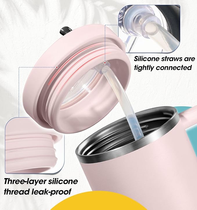 30oz Flip Straw Leak Proof Lid for Stanley Quencher,30 oz Tumbler Lid Replacement for Stanley Cup Accessories,No Spill Silicone Tumbler Lids with Cleaning Brush Set (Rose Quartz)