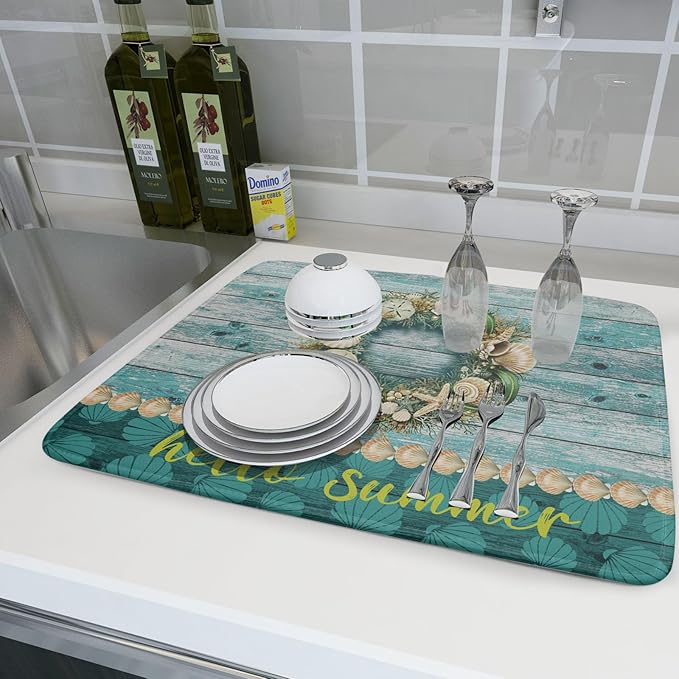 Hello Summer Dish Drying Mat for Kitchen Counter,Sea Shell Starfish Coastal Wreath Drying Mat 18 x 24 Inch with Absorbent Reversible Microfiber Drying Pad for Coffee Bar