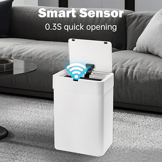 2 Pack Bathroom Trash Can with Lid - 2.5 Gal and 4 Gal Motion Sensor Garbage Bin, Smart Rubbish Bin, Waterproof Slim Dustbin, Automatic Plastic Trash Can for Bathroom, Office, White