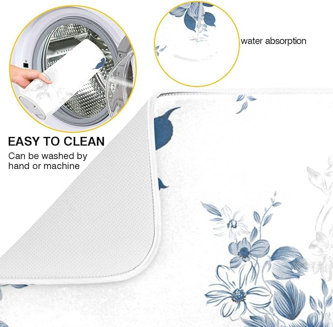 Tarity Watercolor Blue Flower Dish Drying Mat for Kitchen Counter Absorbent Heat Resistant Microfiber Dishes Drainer Mat 16x18 in Dish Pad Sink Mat Protective Pad Kitchen Decor