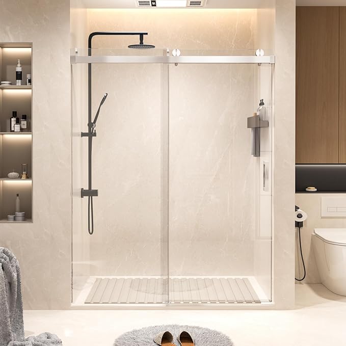 Shower Door 56–60 in W x 76 in H, 3/8" Tempered Glass Sliding Shower Door, Frameless Brushed Nickel, Soft-Close with Buffer, Reversible Installation for Modern Bathroom