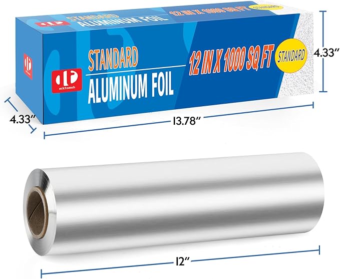 Standard Aluminum Foil 12" x 1000 Sq Ft - for Grilling, Baking & Cooking, Food Storage & Preservation, Commercial Use