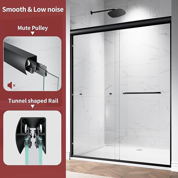 44-48" W x 72" H Semi-Frameless Double Sliding Glass Shower Door, 1/4" (6mm) Clear Tempered Glass, Bypass Sliding Shower Door for Bathroom, Easy to Clean (Matte Black, 48" W x 72" H)