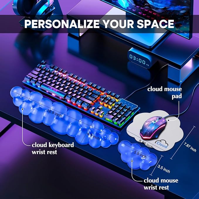 JIKIOU Clear Gel Wrist Rest for Keyboard and Mouse, Cool Silicone Mouse Wrist Rest Set, Cute Ergonomic Wrist Rest for Keyboard Typing Pain Relief, Suitable for Office Computer Laptop Gaming Blue