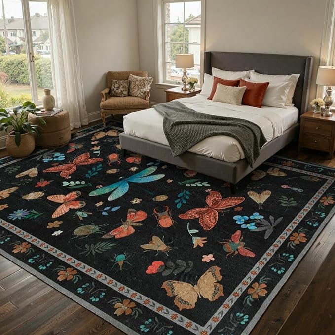 8x10 Washable Area Rugs for Living Room&Bedroom - Floral Boho Vintage Rug,Soft & Non-Slip,Low Pile Wool Carpet for Indoor Dining Room,Girls Room,Nursery Room and Kids Room(Black)
