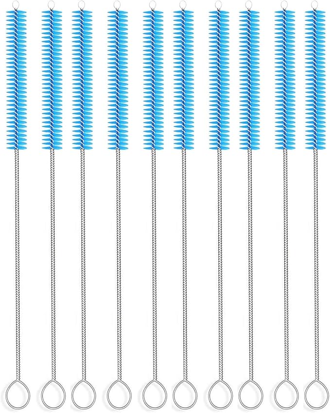 Long Straw Brush, Nylon Pipe Tube Cleaner 10-ihch X 2/5-inch Set of 10 (Blue)