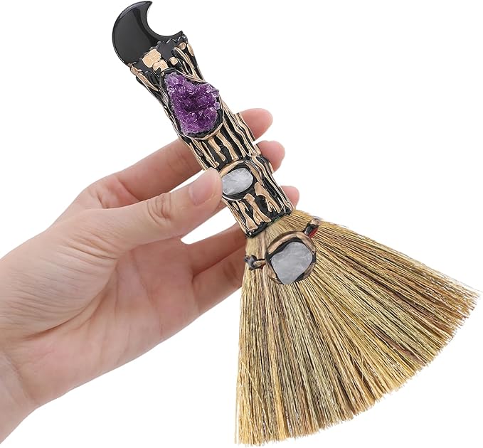 Witch Crystal Altar Broom - Witchcraft Supplies Wiccan Decor Altar Supplies with Moon Black Obsidian Natural Healing Crystals Reiki Energy Emotional Regulation Wealth Attraction Crafts