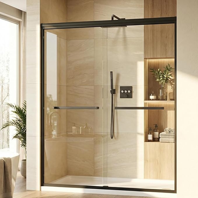 Sliding Shower Door, Fully Framed Aluminum Alloy 50"-60" x 72" Adjustable with 6mm Tempered Glass Panels, Matte Black Square Track, Space-Saving Bypass Design