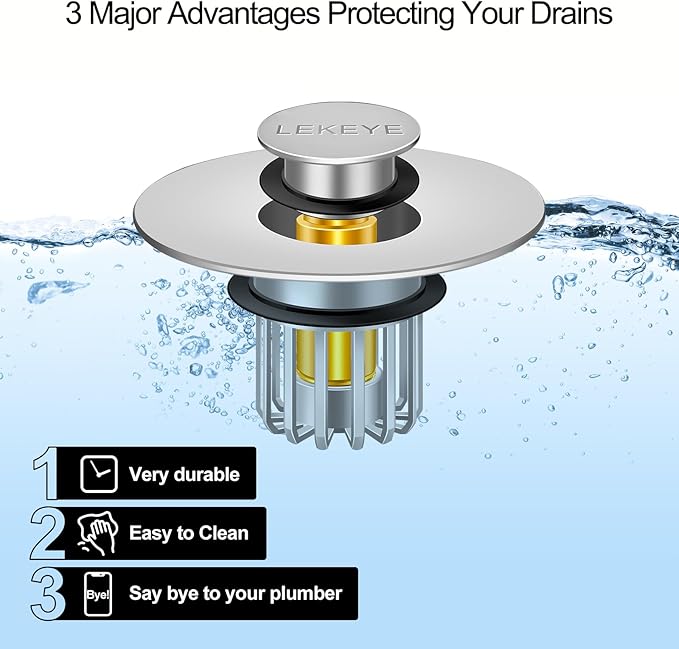 LEKEYE Bathroom Sink Stopper | Shower Drain Hair Catcher | Pop-up Sink Drain Stopper with Strainer | Bathroom Sink Plug for 1-1/8 to 1-1/2" Sink Drain Hole- Pearl Chrome