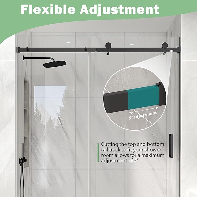 KPUY Frameless Shower Door, 43-48" W x 76" H Sliding Glass Shower Door, 1/4" (6mm) Thick Tempered Clear Glass with Explosion-Proof Film Nano Coating in Matte Black Finish