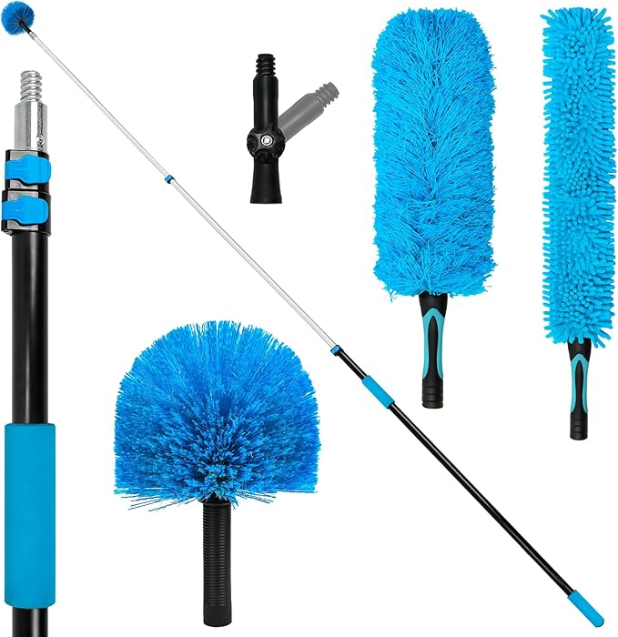 20 Feet High-Reach Cobweb Duster,Spider Web Brush & Ceiling Cleaning Kit with 5-12 feet Extendable Pole Heavy-Duty Duster for High Ceilings, Fan and Corner(Telescopic Iron Rod)