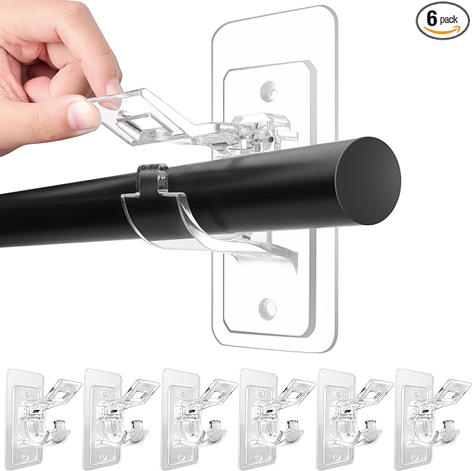 Antimbee 6-Pack No Drill Needed Curtain Rod Holders, Self Adhesive Rod Brackets for Smooth Walls, Multipurpose Nail-Free Stick on Curtain Rod Hooks, Screw Mount Curtain Hangers for Textured Surfaces
