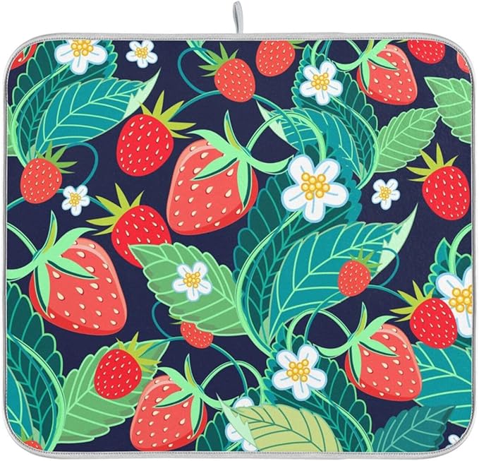 Tarity Green Leaves Red Strawberries Dish Drying Mat for Kitchen Counter Absorbent Heat Resistant Microfiber Dishes Drainer Mat 18x24 in Large Dish Pad Sink Mat Protective Pad Kitchen Decor