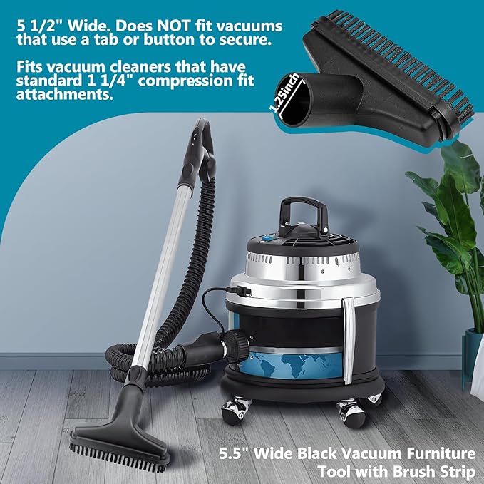 HASMX 5.5" Wide Black Vacuum Furniture Tool with Brush Strip for Dirt Devil, Electrolux, Eureka, Rainbow, Shop Vac Vacuums, Fits 1.25" Vacuum Cleaner Upholstery Tool Vac Attachment (1-Pack)