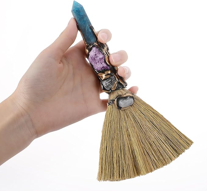 Crystal Witch Altar Broom - Witchcraft Supplies with Blue Apatite Wiccan Stuff Fairy Magic Broomstick with Natural Healing Crystals Hexagonal Points Pagan Fengshui Reiki Energy Clearing Gift