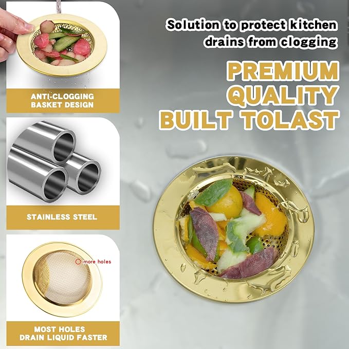 RQYEKDO 2-Pack Kitchen Sink Strainer Stainless Steel with Fine Mesh | 4.4" Wide Rim Drain Strainer | Fits Standard Sinks & Garbage Disposals (Gold)