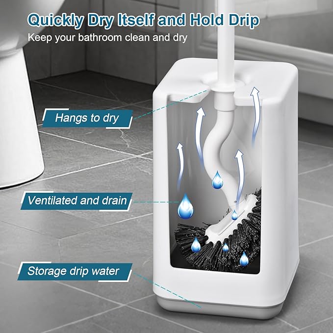 Toilet Bowl Brush and Holder Sturdy Plastic Long Handled Toilet Brushes for Bathroom with Ventilated Base Easy to Assemble for Deep Cleaning (White 1)