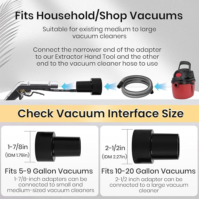 Extractor Hand Tool for Shop Vac,Mytee,Add Cleaning Brushes,Anti Fall Transparent Shell,1/4”Quick Connect,with 2-1/2"&1-7/8" Adapters,for Upholstery & Carpet Cleaning and Car Detailing
