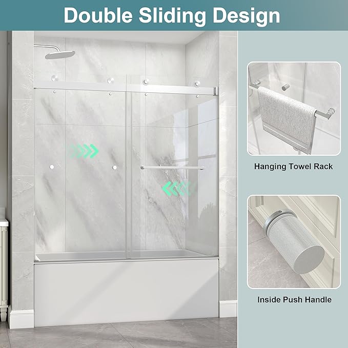 KPUY Frameless Tub Shower Door, 55-60" W x 60" H Double Sliding Bathtub Door, 1/4" (6mm) Thick Tempered Clear Glass with Explosion-Proof Film Nano Coating, Brushed Nickle