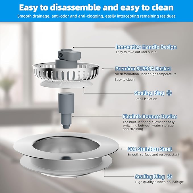 Hibbent 3 in 1 Kitchen Sink Drain Strainer, Stainless Steel Wrapped Shell Drain Stopper Combo, Pop Up Sink Stopper, 3 Anti-Clogging Metal Basket Strainer with Handle for US Standard 3-1/2" Drain