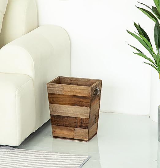 Small Wood Trash Can, Farmhouse Rectangular Garbage Can Waste Basket, Rustic Distressed Reclaimed Wood Wastebasket, Vintage Wooden Trash Recycling Bin Storage Basket with Metal Handles (Natural)