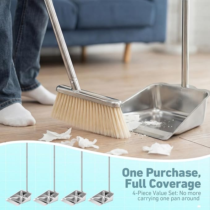 Leumoi 4 Pack of Dust Pans with Long Handle Set, 35" Stainless Steel Long Handled Stand up Dust Pans with Handle for Home, Office, Restaurant, Indoor and Outdoor Floor Cleaning