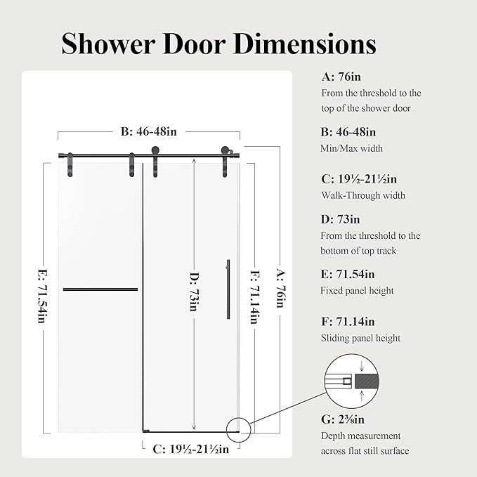46-48" W x 76" H Frameless Sliding Shower Door, Safety Bathroom Single Sliding Glass Doors with 5/16" (8mm) SGCC Tempered Glass, Stainless Steel Towel Rail and Auxiliary Handle, Matte Black