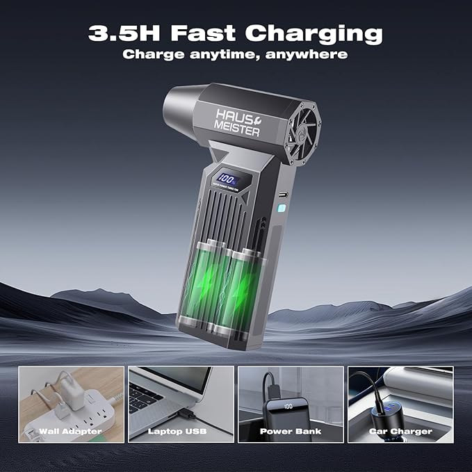 Electric Air Duster Rechargeable, HAUSMEISTER Airflex Turbo 150,000 RPM Compressed Air Blower for Heavy-Duty Car Detailing & PC, 5200mAh Cordless with Smart LED Display, 4-Gear