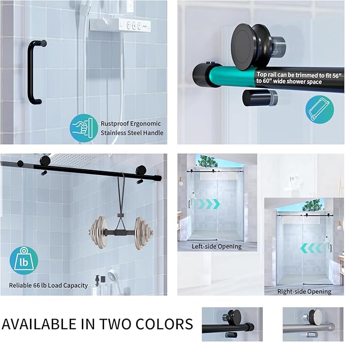 Abruzzo 76" Tall Frameless Single Sliding Shower Door - Adjustable 56" to 60" Width, 1/4" (6mm) Tempered Glass with Safety Film, Matte Black Finish for Walk-in Showers, Space Saving Design