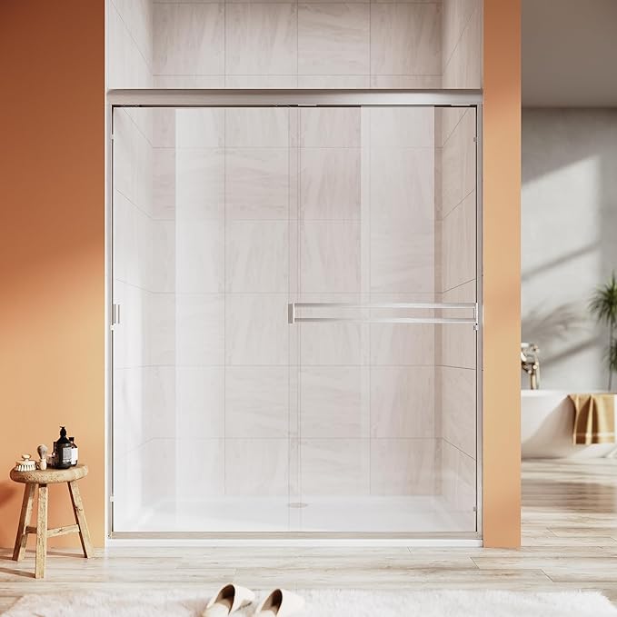 Shower Door 56-60 in. W x 72 in. H, UCALAFEE Semi-Frameless Double Sliding Shower Door with 1/4" (6mm) SGCC Clear Tempered Glass, Silent Soft-Close & Anti-Leak Walk-in Shower Door, Brushed Nickel