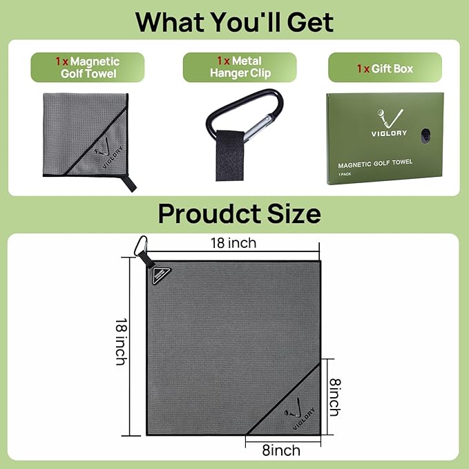 Magnetic Golf Towel for Bag 18" x 18" with Clip Exclusive Cleaning Pocket Microfiber Waffle Ultra Absorbent Club Ball Cleaner, Essential Golf Accessories and Gifts for Men Women(Gray 1 Pack)