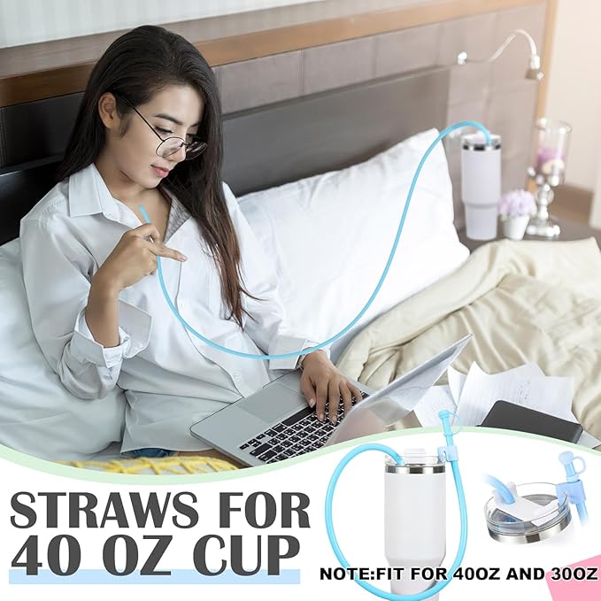 Baderke 2 Set Extra Long 35" Reusable Silicone Straws Compatible with Stanley 40 oz Tumbler Large Water Wine Bottle Flexible Drinking Straws & Cleaning Brushes Tumbler Accessories (Blue)