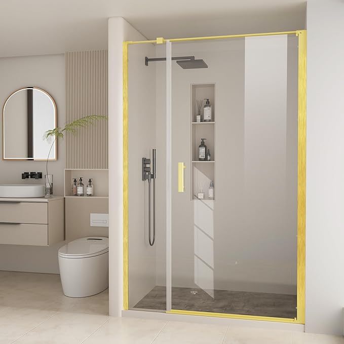 Bathbliss Framed Pivot Shower Door, Glass Shower Door in Brushed Gold, 58.5" to 60" W x 72" H, 5/16" Tempered Glass, Reversible Installation, Easy Setup
