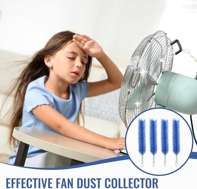 4 Pcs Bendable Microfiber Fan Cleaner Brush, Blue–Reusable Gentle Blade Dusting Tool for Ceiling, AC, Table&Stand Fans, Household Air Vents&Curtains