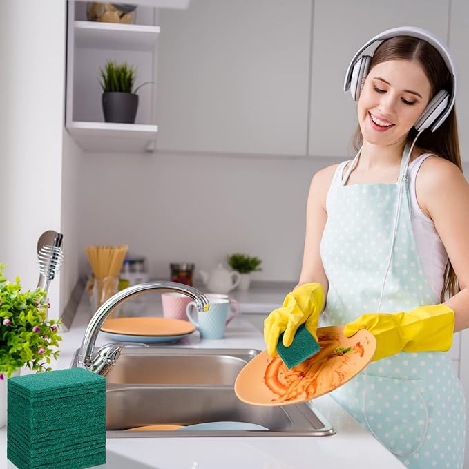 Hoolerry 100 Pcs Heavy Duty Scouring Pads Non Scratch Household Scrub Pads for Cleaning Reusable Pan Scrubber Anti Grease Scrubbing Pads for Dish Kitchen Metal Grills, 4.3 x 3 x 0.3 in (Green)