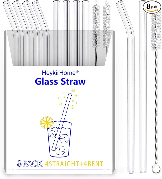 8-Pack Reusable Glass Straw,Size 8.5''x10 MM,Including 4 Straight and 4 Bent with 2 Cleaning Brush- Perfect For Smoothies, Tea, Juice