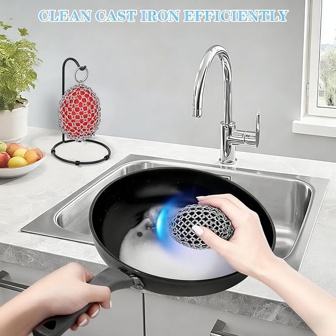Cast Iron Scrubber & Scraper Set with Hook - Ergonomic 316 Chainmail Scrubber for Cast Iron Skillets, Dutch Oven, Baking Sheet, Crock Pot, Grills & More - Black Single Ring