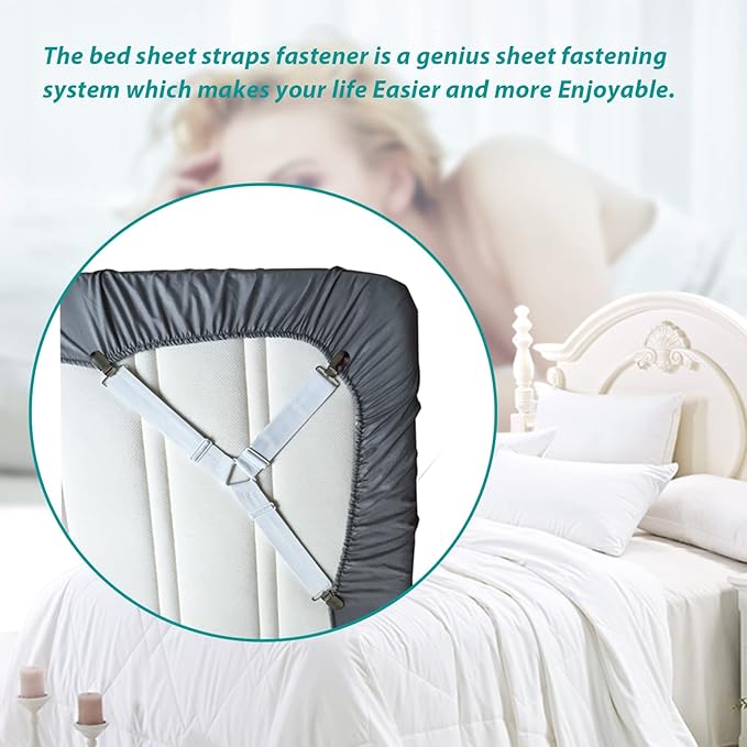 Bed Sheet Fasteners, Adjustable Mattress Suspenders, Mattress Cover Straps, Bed Corner Holder and Keepers and the Bed Sheet Grippers Clips (Triangle White Set of 4)
