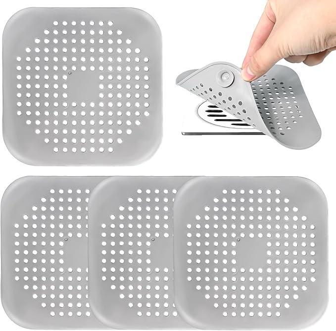 4 Pack Shower Drain Hair Catcher, Silicone Hair Stopper with Suction Cup, Drain Strainer for Bathroom, Bathtub & Kitchen Sink - Grey